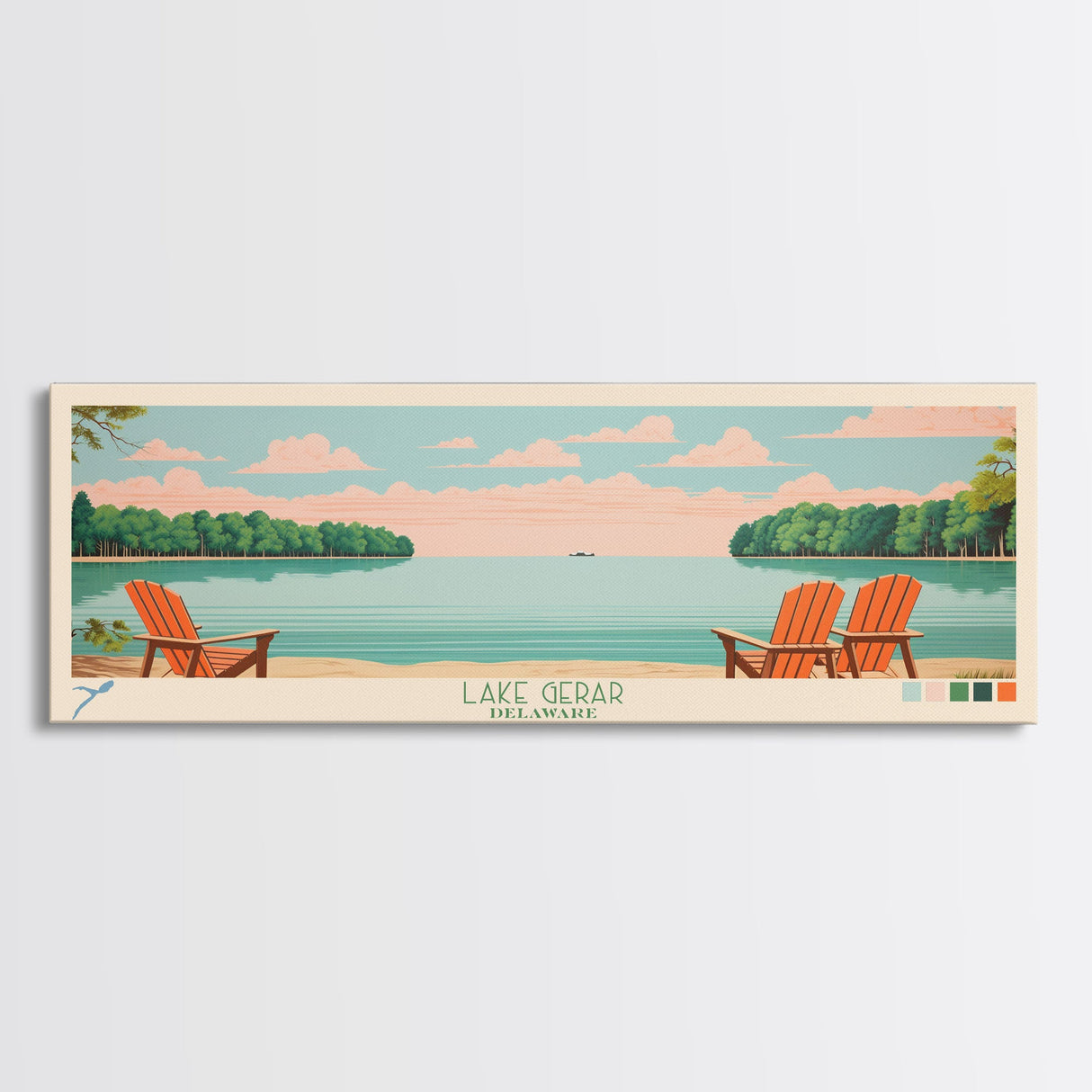 Lake Gerar Delaware Framed Canvas Print, Panoramic Wall Art, Midcentury Modern, Pop Art, Bedroom Decor, Travel Poster, Living Room Art