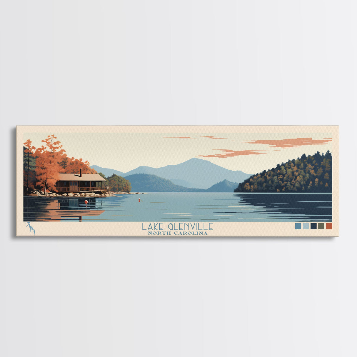 Lake Glenville North Carolina Framed Canvas Print, Panoramic Art, Midcentury Modern, Pop Art, Living Room Wall Art, Travel Poster, Lake House Decor