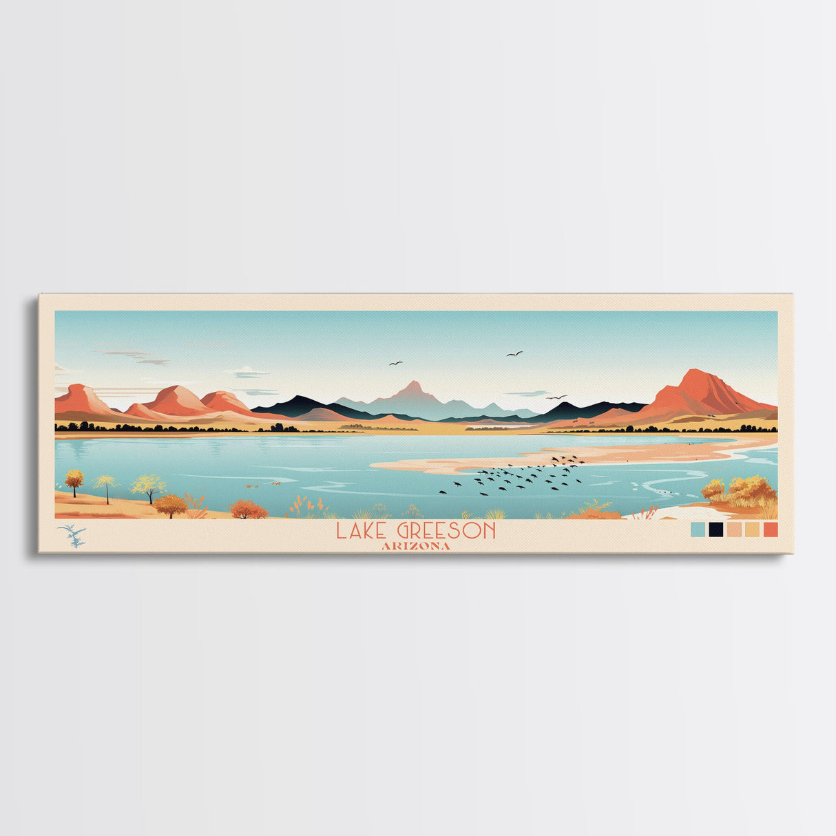 Lake Greeson Arizona Framed Canvas Print, Panoramic Wall Art, Midcentury Modern, Pop Art, Living Room Decor, Travel Poster, Bedroom Art