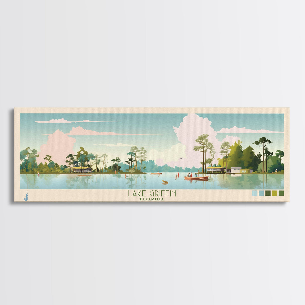 Lake Griffin Florida Framed Canvas Print, Panoramic Wall Art, Midcentury Modern, Pop Art, Bedroom Art, Travel Poster, Living Room Decor