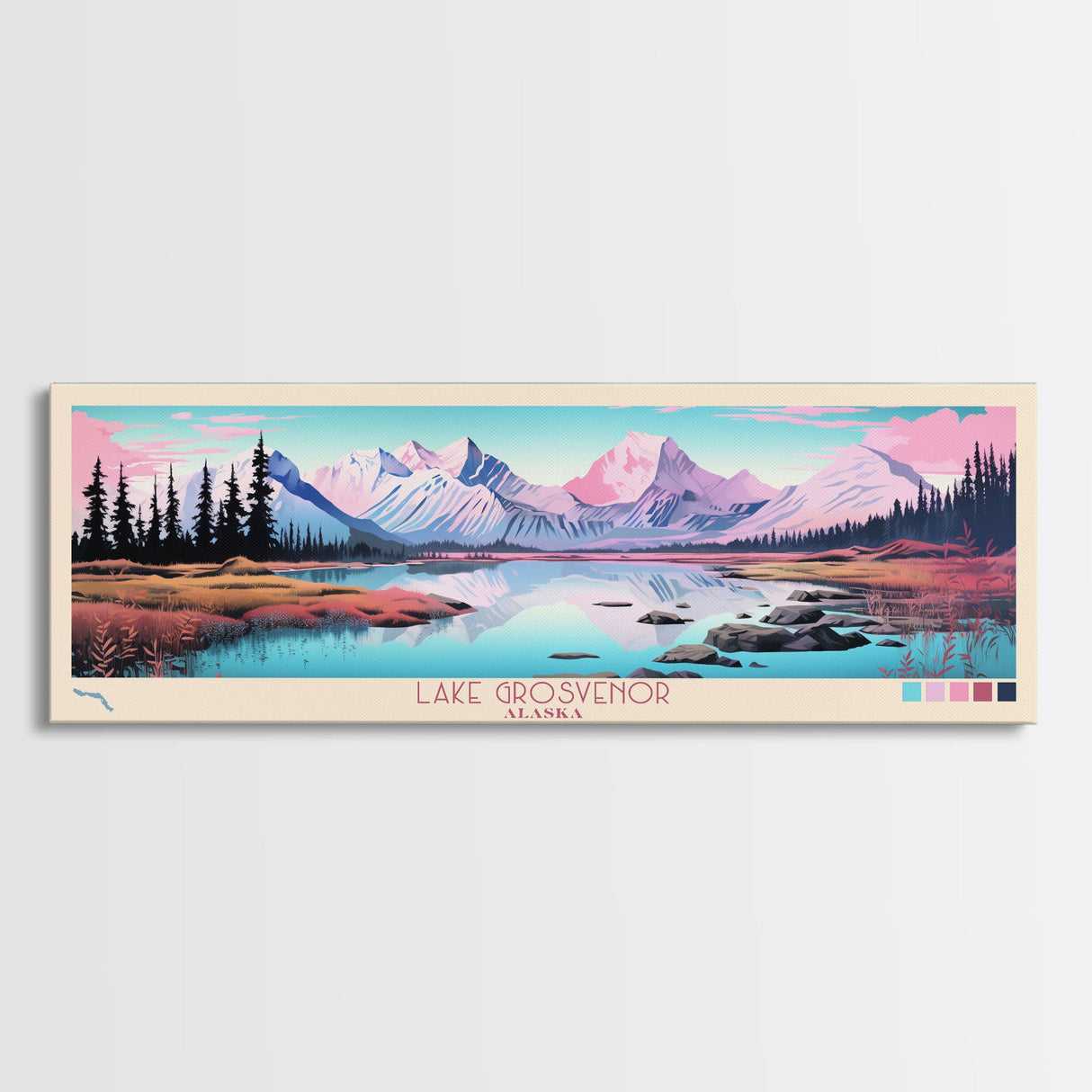 Lake Grosvenor Alaska Framed Canvas Print, Panoramic Wall Art, Midcentury Modern, Pop Art, Lake House Decor, Travel Poster, Bedroom Art