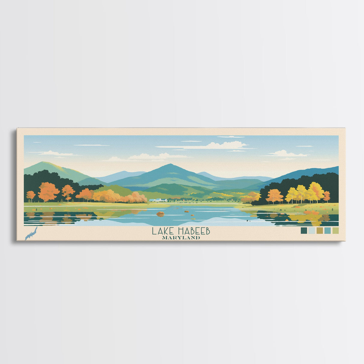 Lake Habeeb Maryland Framed Canvas Print, Panoramic Wall Art, Midcentury Modern, Pop Art, Living Room Decor, Travel Poster, Lake House Art