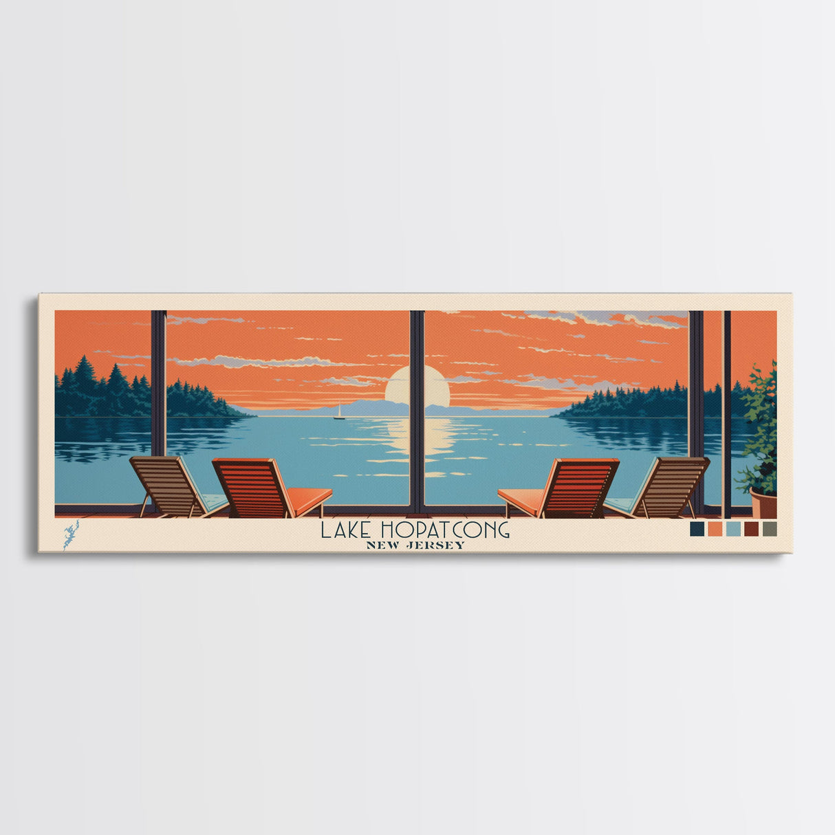 Lake Hopatcong New Jersey Framed Canvas Print, Panoramic Wall Art, Midcentury Modern, Pop Art, Living Room Decor, Travel Poster, Bedroom Art