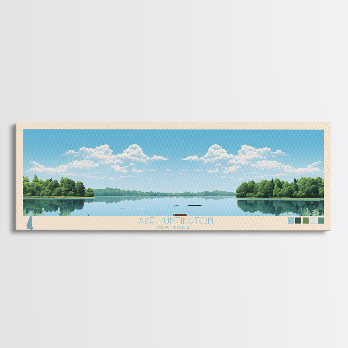 Lake Huntington New York Framed Canvas Print, Panoramic Wall Art, Midcentury Modern, Pop Art, Living Room Decor, Travel Poster, Bedroom Art