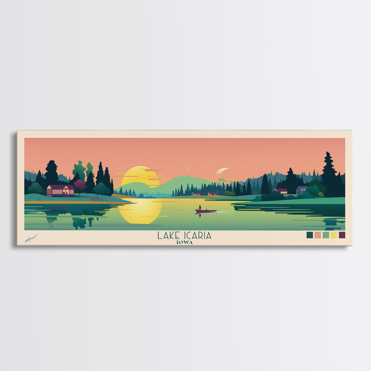 Lake Icaria Iowa Framed Canvas Print, Panoramic Wall Art, Midcentury Modern, Pop Art, Lake House Decor, Travel Poster, Bedroom Art