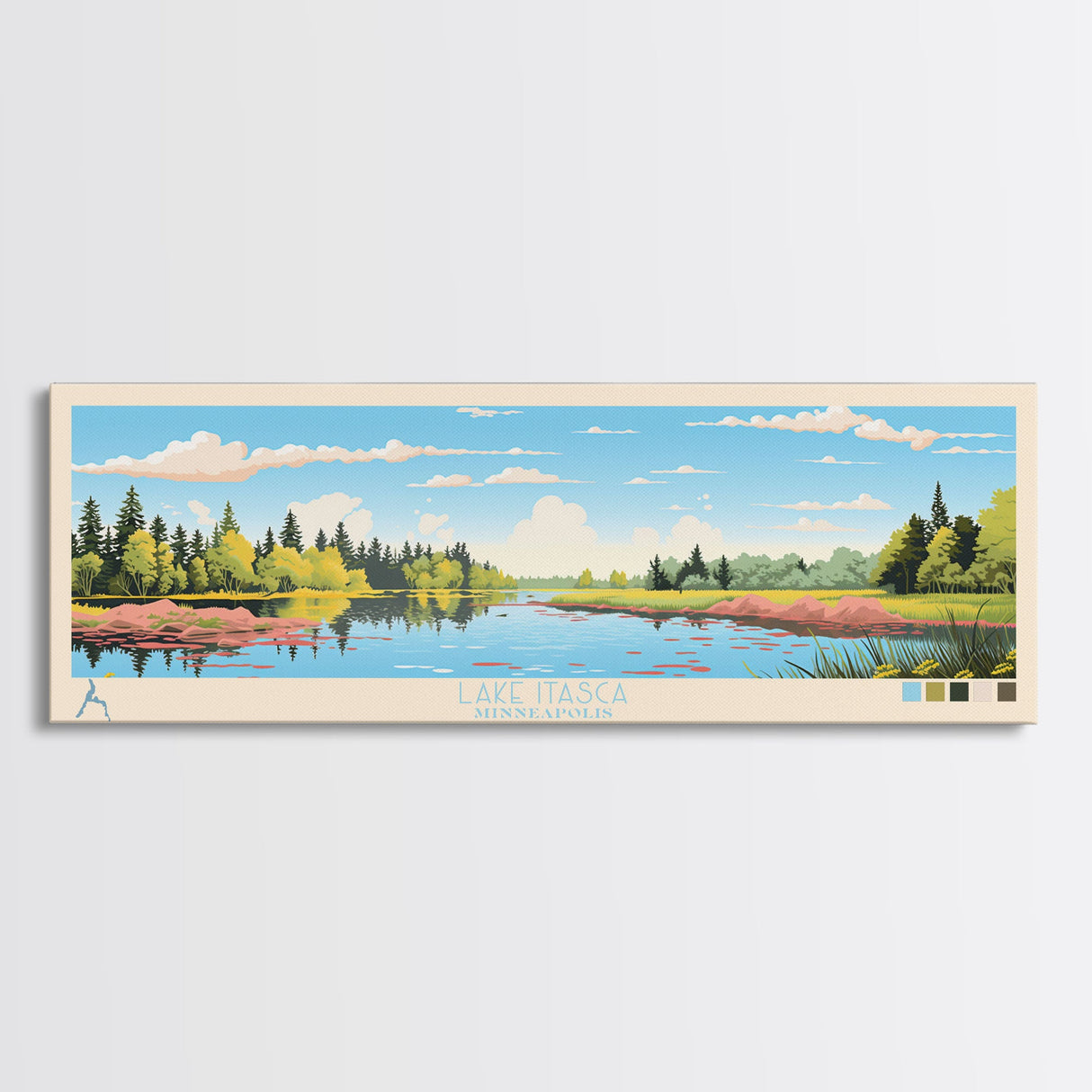 Lake Itasca Minneapolis Framed Canvas Print, Panoramic Wall Art, Midcentury Modern, Pop Art, Lake House Decor, Travel Poster, Bedroom Art