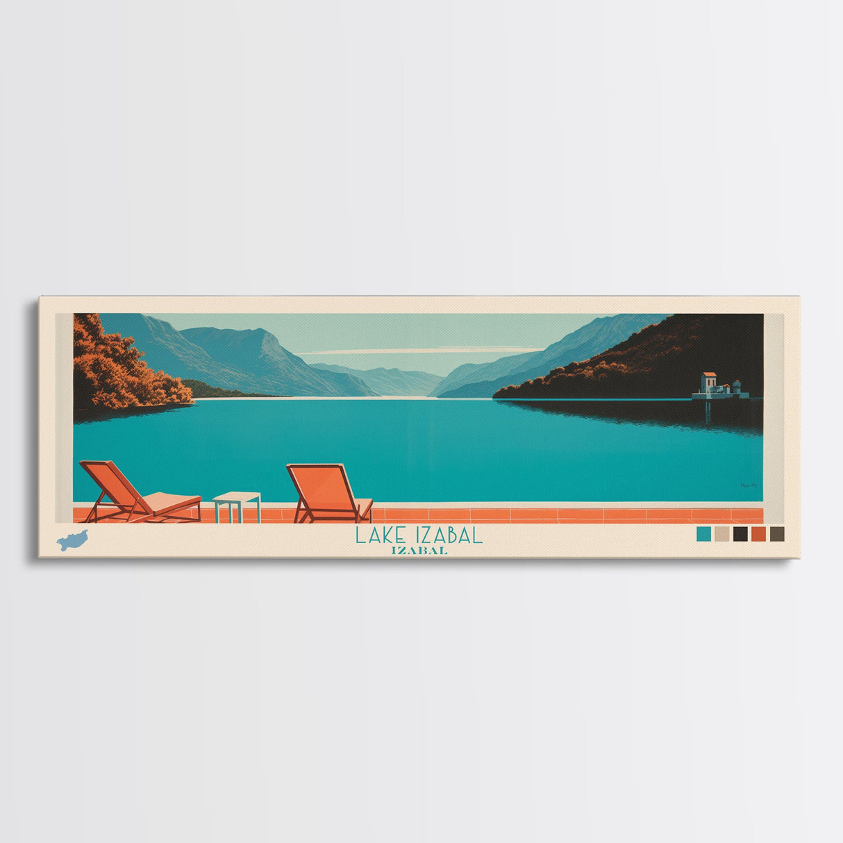 Lake Izabal Izabal Framed Canvas Print, Panoramic Wall Art, Midcentury Modern, Pop Art, Living Room Decor, Travel Poster, Bedroom Art