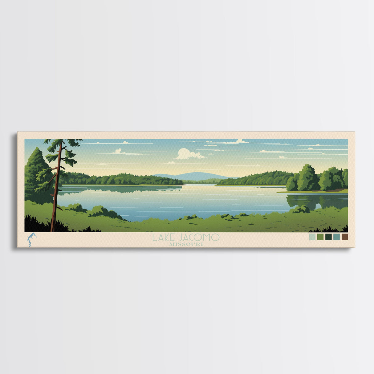 Lake Jacomo Missouri Framed Canvas Print, Panoramic Wall Art, Midcentury Modern, Pop Art, Lake House Decor, Travel Poster, Bedroom Art