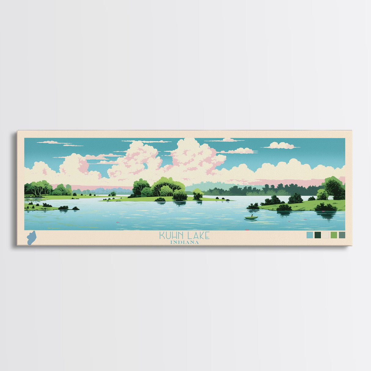 Lake Kuhn Indiana Framed Canvas Print, Panoramic Wall Art, Midcentury Modern, Pop Art, Lake House Decor, Travel Poster, Bedroom Art