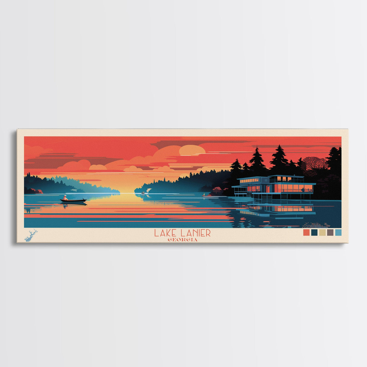 Lake Lanier Georgia Framed Canvas Print, Panoramic Wall Art, Midcentury Modern, Pop Art, Lake House Decor, Travel Poster, Bedroom Art