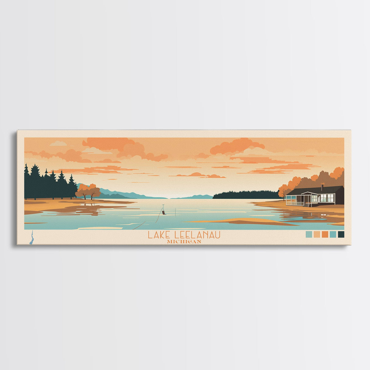 Lake Leelanau Michigan Framed Canvas Print, Panoramic Wall Art, Midcentury Modern, Pop Art, Living Room Decor, Travel Poster, Bedroom Art