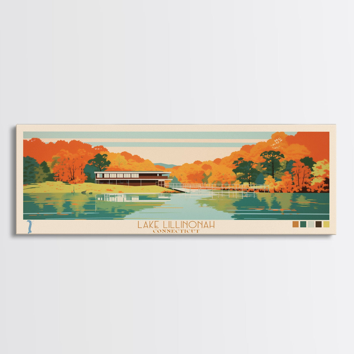 Lake Lillinonah Connecticut Framed Canvas Print, Panoramic Wall Art, Midcentury Modern, Pop Art, Living Room Decor, Travel Poster