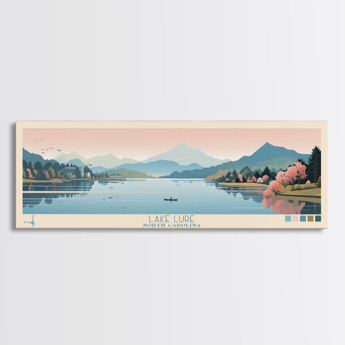 Lake Lure North Carolina Framed Canvas Print, Panoramic Wall Art, Midcentury Modern, Pop Art, Living Room Decor, Travel Poster