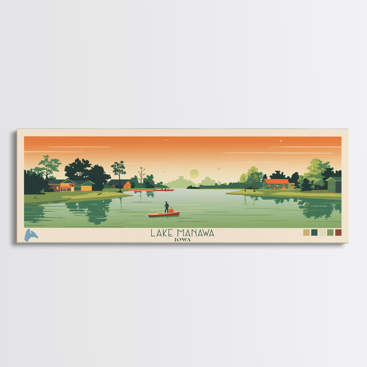 Lake Manawa Iowa Framed Canvas Print, Panoramic Wall Art, Midcentury Modern, Pop Art, Living Room Decor, Travel Poster