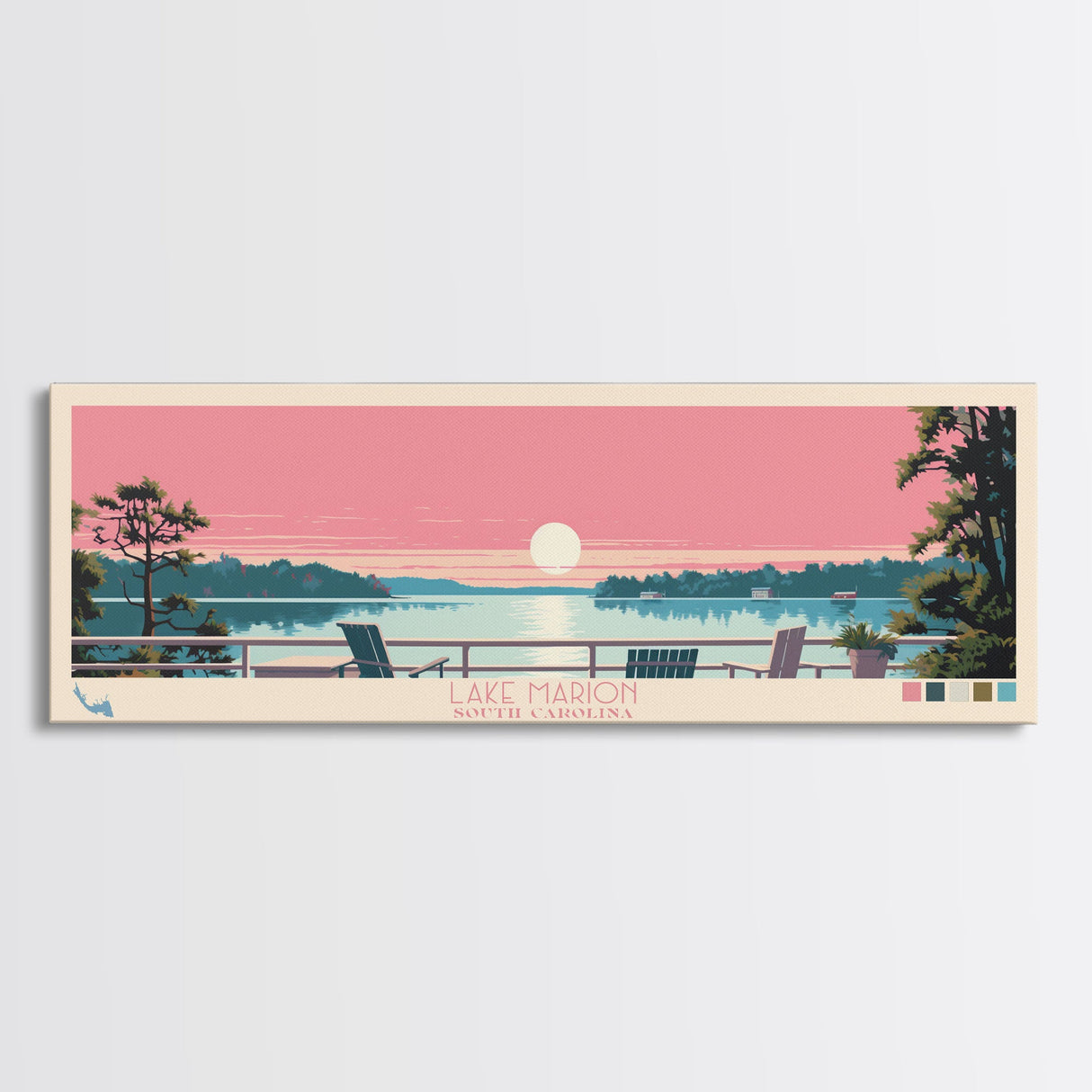 Lake Marion South Carolina Framed Canvas Print, Panoramic Wall Art, Midcentury Modern, Pop Art, Living Room Decor, Travel Poster