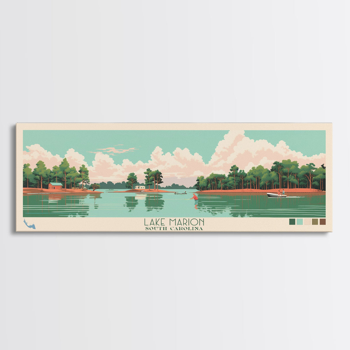 Lake Marion South Carolina Framed Canvas Print, Panoramic Wall Art, Midcentury Modern, Pop Art, Bedroom Art, Travel Poster, Lake House Decor