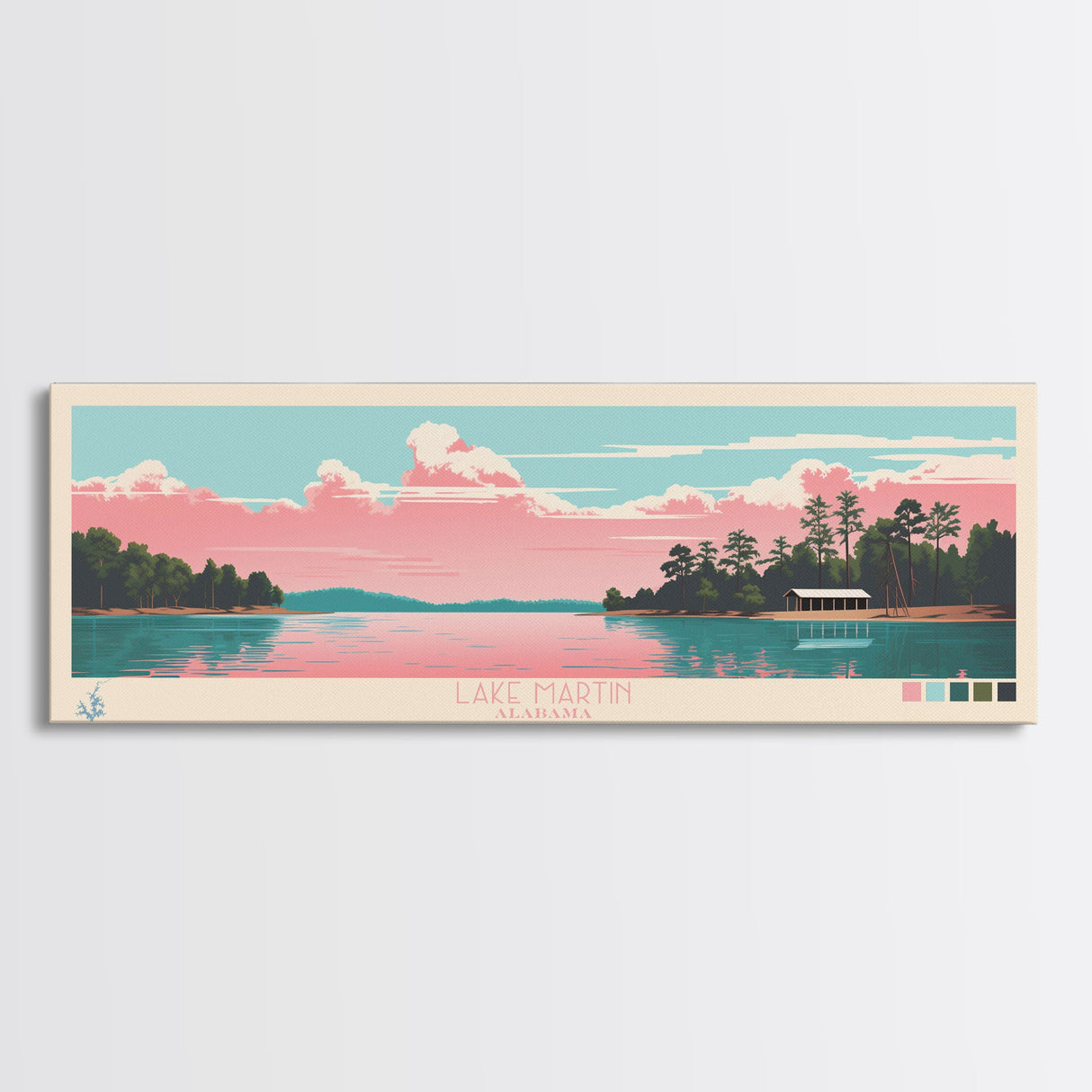 Lake Martin Alabama Framed Canvas Print, Panoramic Wall Art, Midcentury Modern, Pop Art, Living Room Decor, Travel Poster