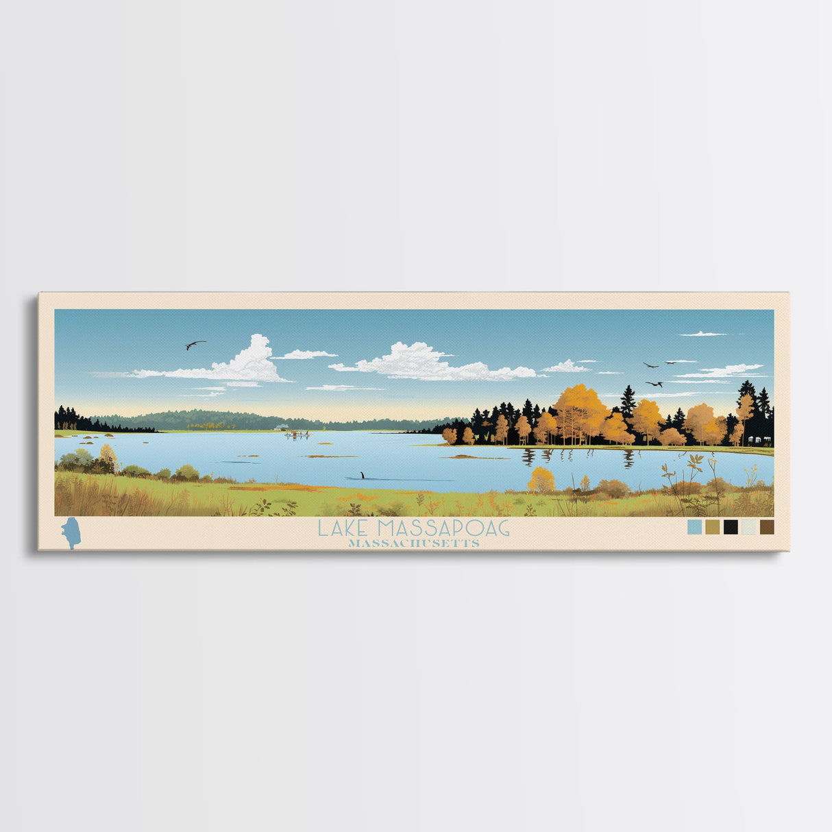 Lake Massapoag Massachusetts Framed Canvas Print, Panoramic Wall Art, Midcentury Modern, Pop Art, Living Room Decor, Travel Poster