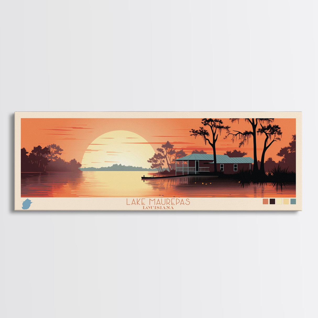 Lake Maurepas Louisiana Framed Canvas Print, Panoramic Wall Art, Midcentury Modern, Pop Art, Bedroom Art, Travel Poster, Lake House Decor