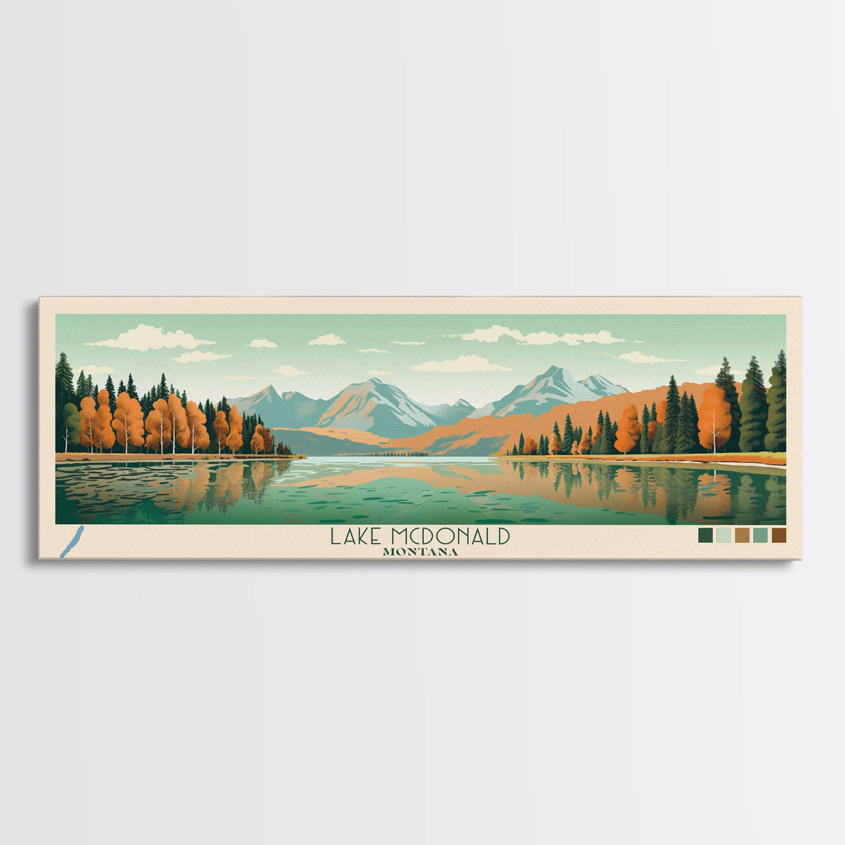 Lake McDonald Montana Framed Canvas Print, Panoramic Wall Art, Midcentury Modern, Pop Art, Living Room Decor, Travel Poster