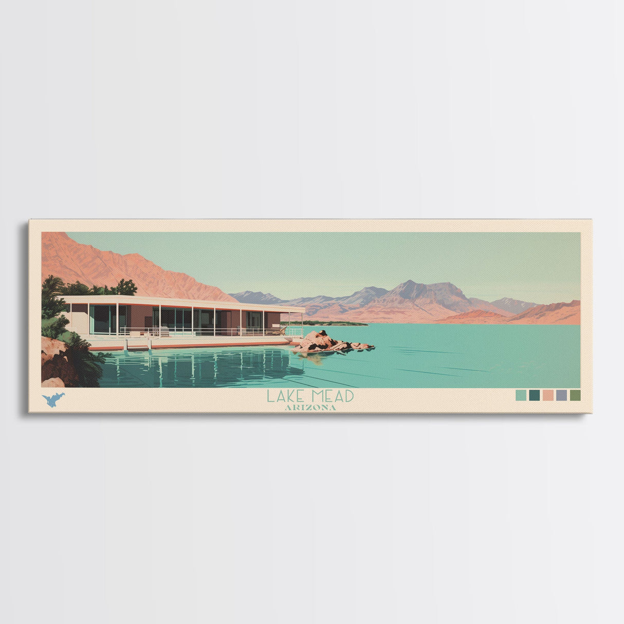 Lake Mead Arizona Nevada Framed Canvas Print, Panoramic Wall Art, Midcentury Modern, Pop Art, Living Room Decor, Travel Poster