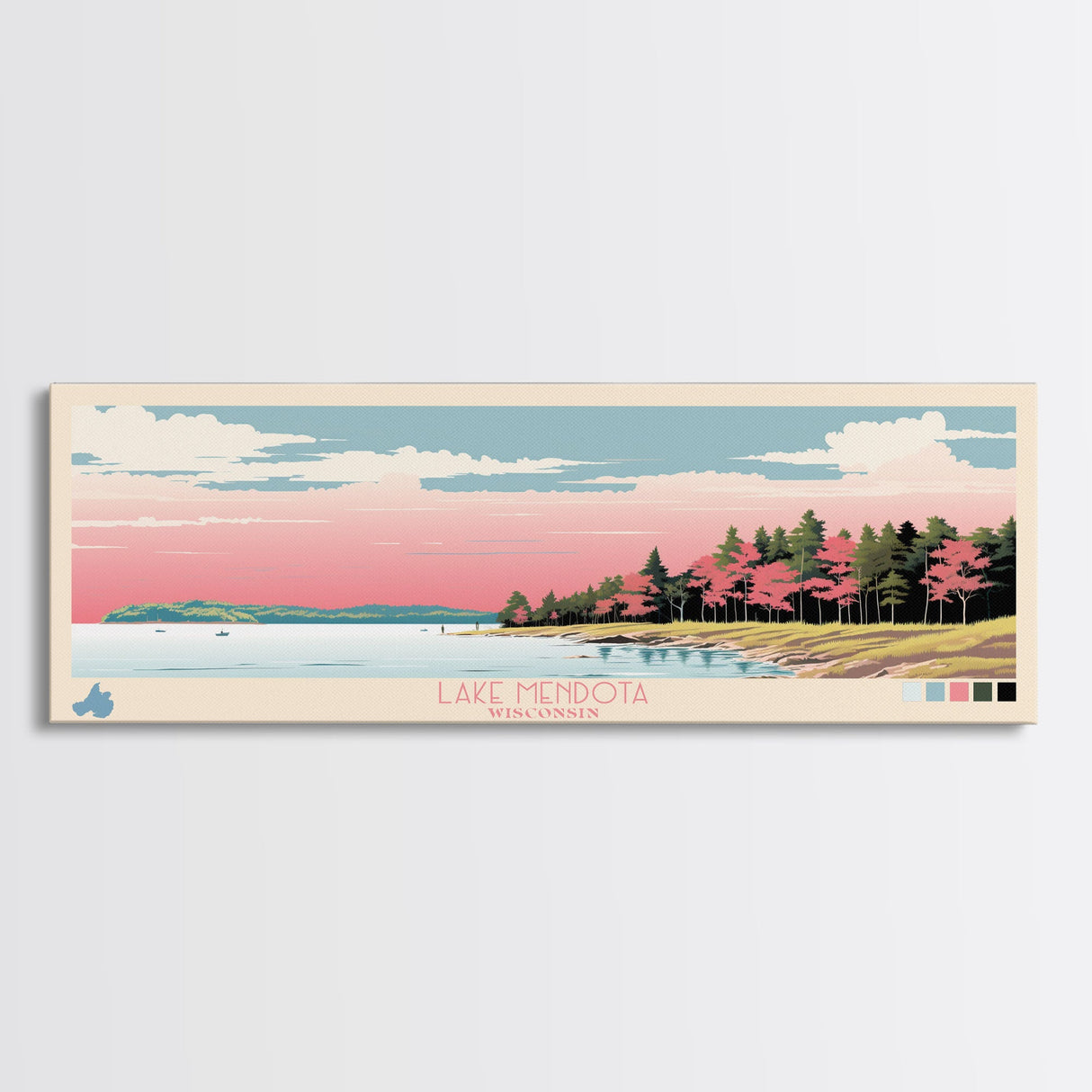 Lake Mendota Wisconsin Framed Canvas Print, Panoramic Wall Art, Midcentury Modern, Pop Art, Living Room Decor, Travel Poster