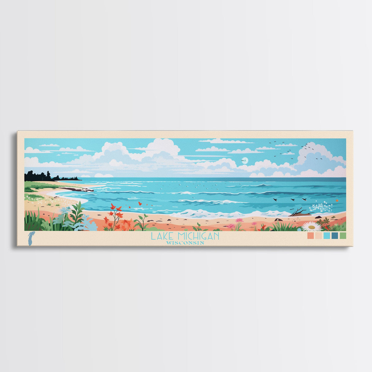 Lake Michigan Wisconsin Illinois Indiana Framed Canvas Print, Panoramic Wall Art, Midcentury Modern, Pop Art, Bedroom Art, Travel Poster, Lake House Decor