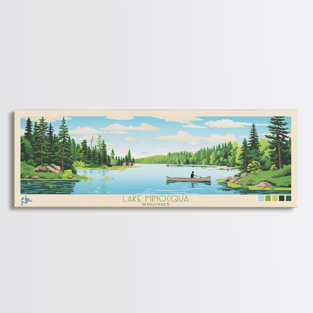 Lake Minocqua Wisconsin Framed Canvas Print, Panoramic Wall Art, Midcentury Modern, Pop Art, Living Room Decor, Travel Poster