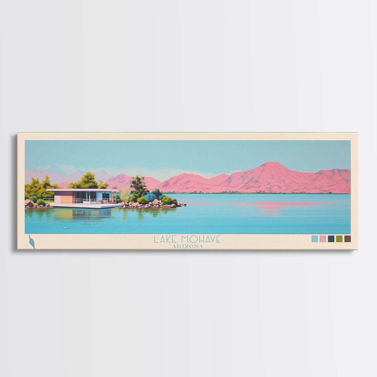 Lake Mohave Arizona Framed Canvas Print, Panoramic Wall Art, Midcentury Modern, Pop Art, Bedroom Art, Travel Poster, Lake House Decor