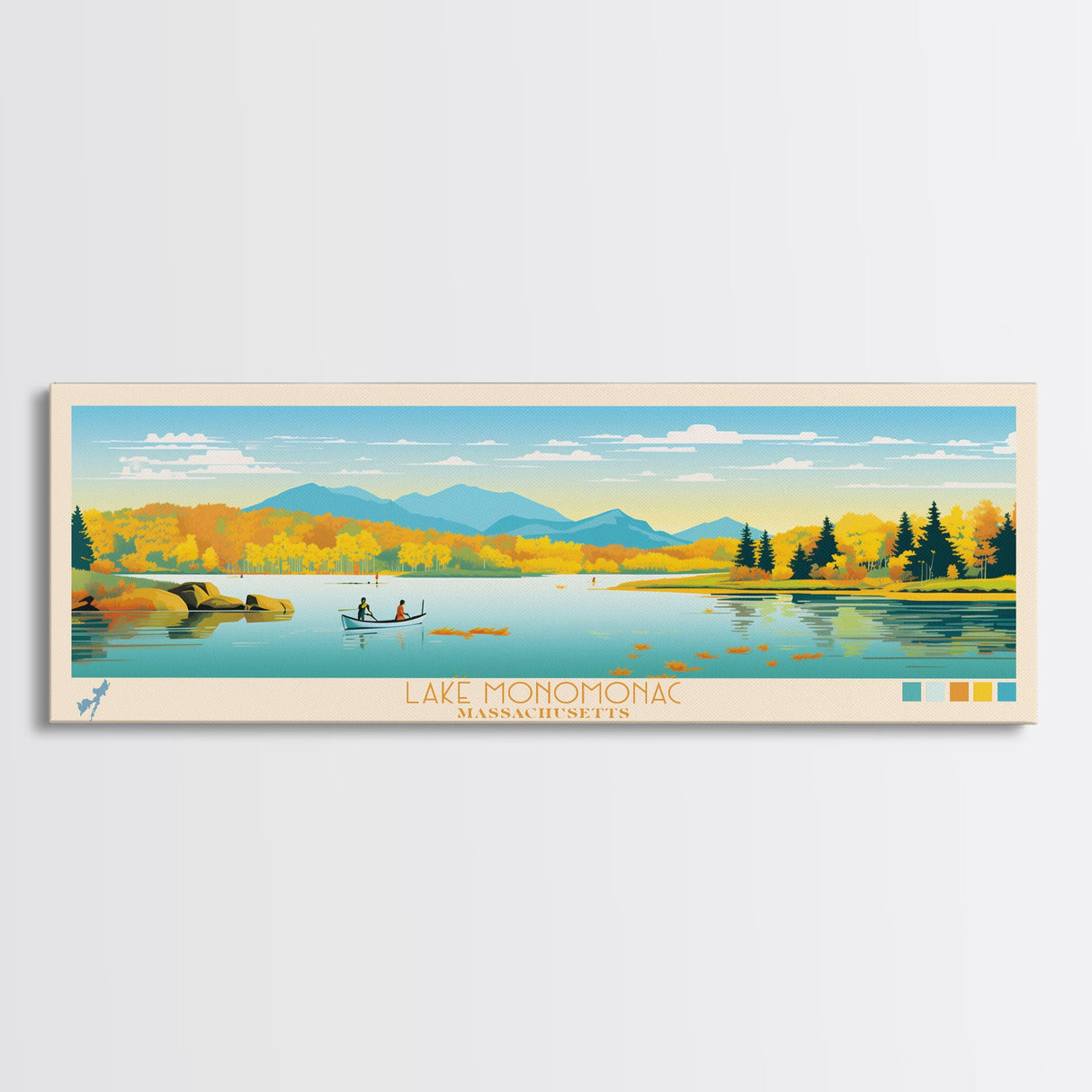 Lake Monomonac Massachusetts Framed Canvas Print, Panoramic Wall Art, Midcentury Modern, Pop Art, Bedroom Art, Travel Poster, Lake House Decor