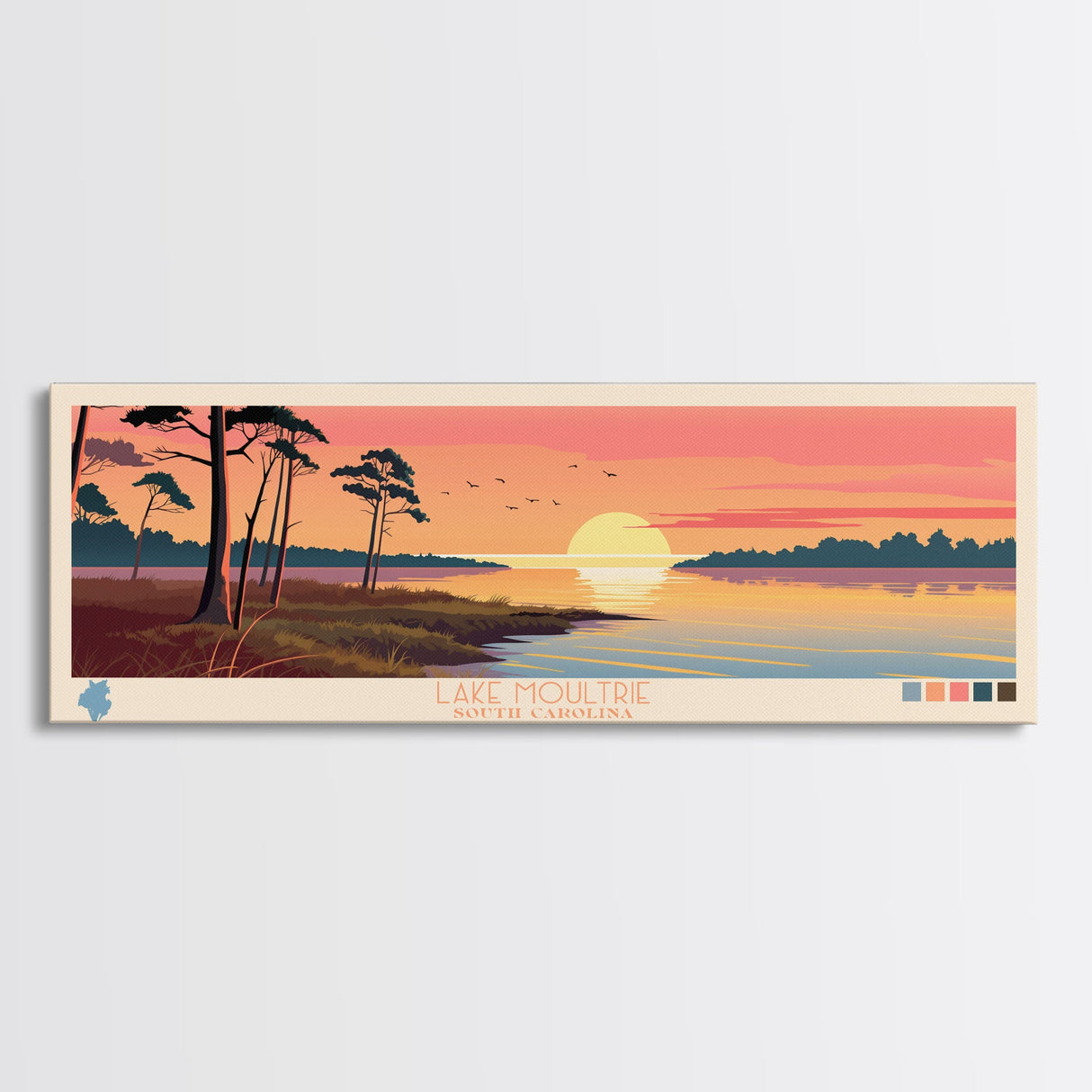 Lake Moultrie South Carolina Framed Canvas Print, Panoramic Wall Art, Midcentury Modern, Pop Art, Living Room Decor, Travel Poster