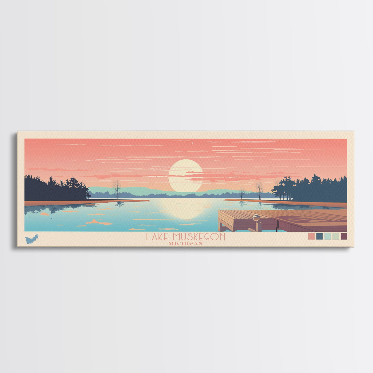 Lake Muskegon Michigan Framed Canvas Print, Panoramic Wall Art, Midcentury Modern, Pop Art, Living Room Decor, Travel Poster