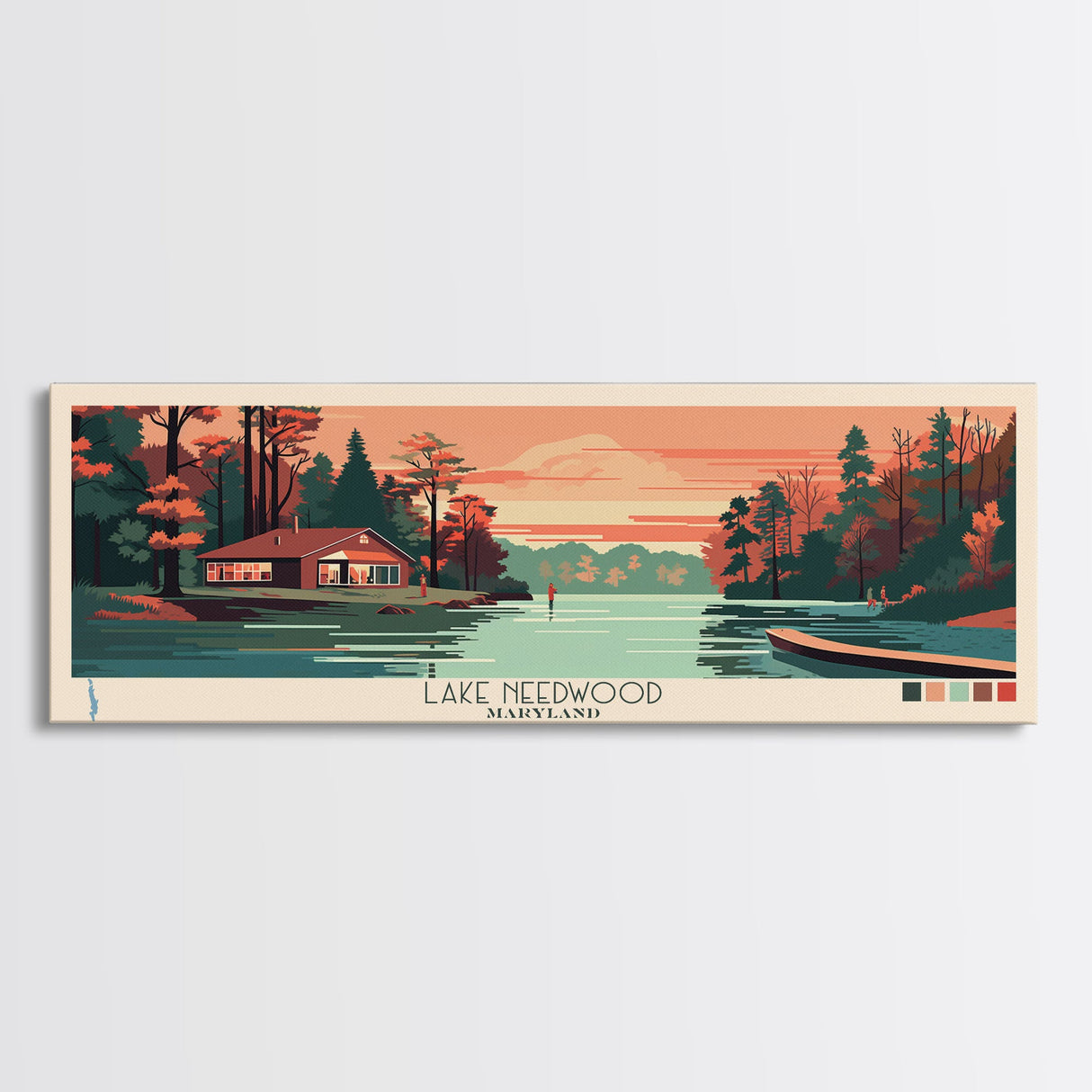 Lake Needwood Maryland Framed Canvas Print, Panoramic Wall Art, Midcentury Modern, Pop Art, Bedroom Art, Travel Poster, Lake House Decor