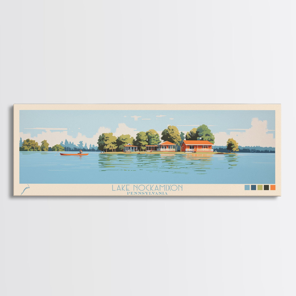 Lake Nockamixon Pennsylvania Framed Canvas Print, Panoramic Wall Art, Midcentury Modern, Pop Art, Living Room Decor, Travel Poster, Lake House Art