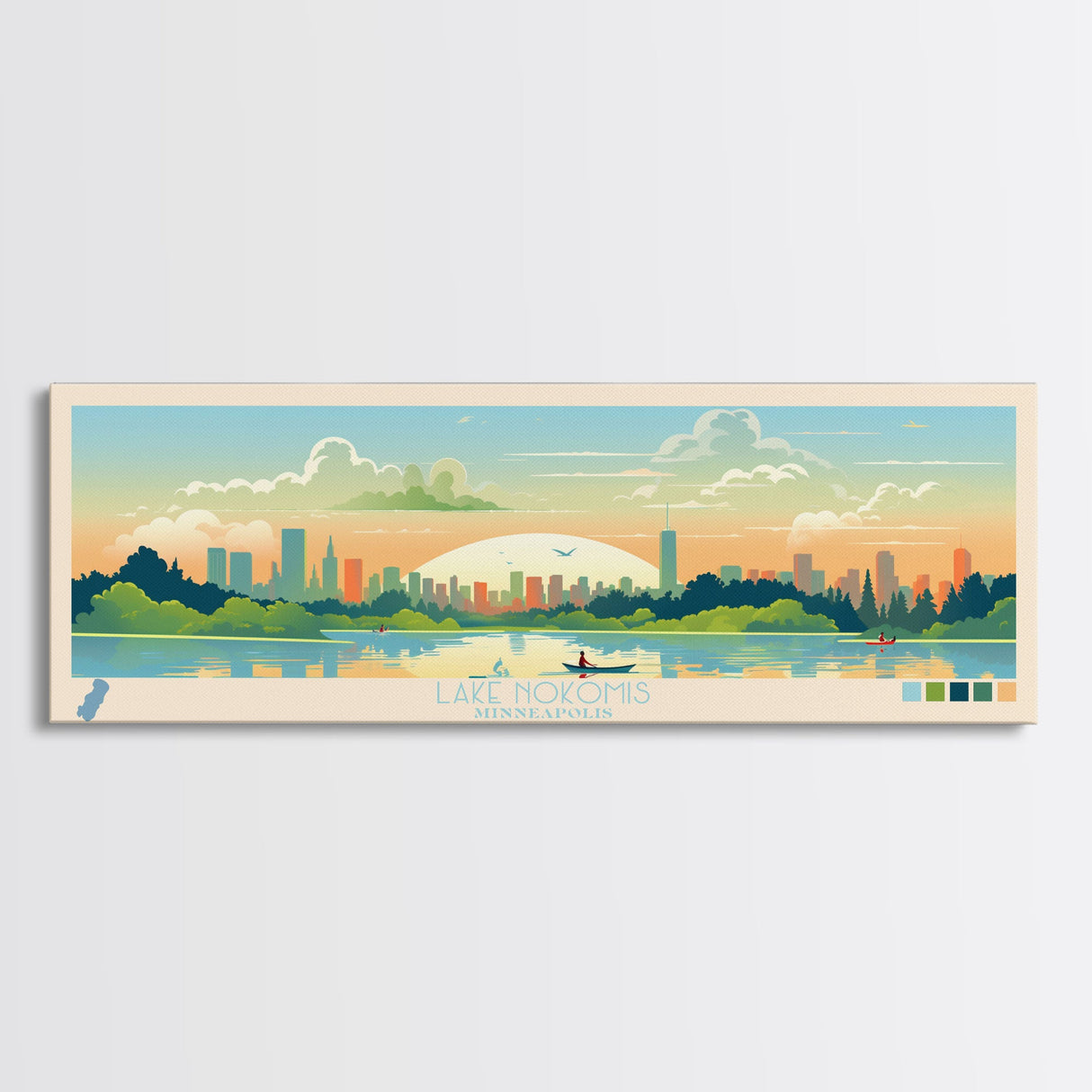 Lake Nokomis Minneapolis Framed Canvas Print, Panoramic Wall Art, Midcentury Modern, Pop Art, Bedroom Art, Travel Poster, Lake House Decor