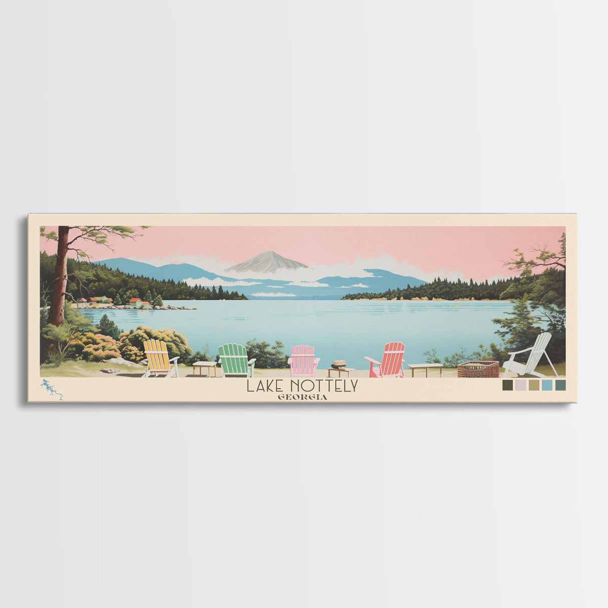 Lake Nottely Georgia Framed Canvas Print, Panoramic Wall Art, Midcentury Modern, Pop Art, Living Room Decor, Travel Poster, Lake House Art