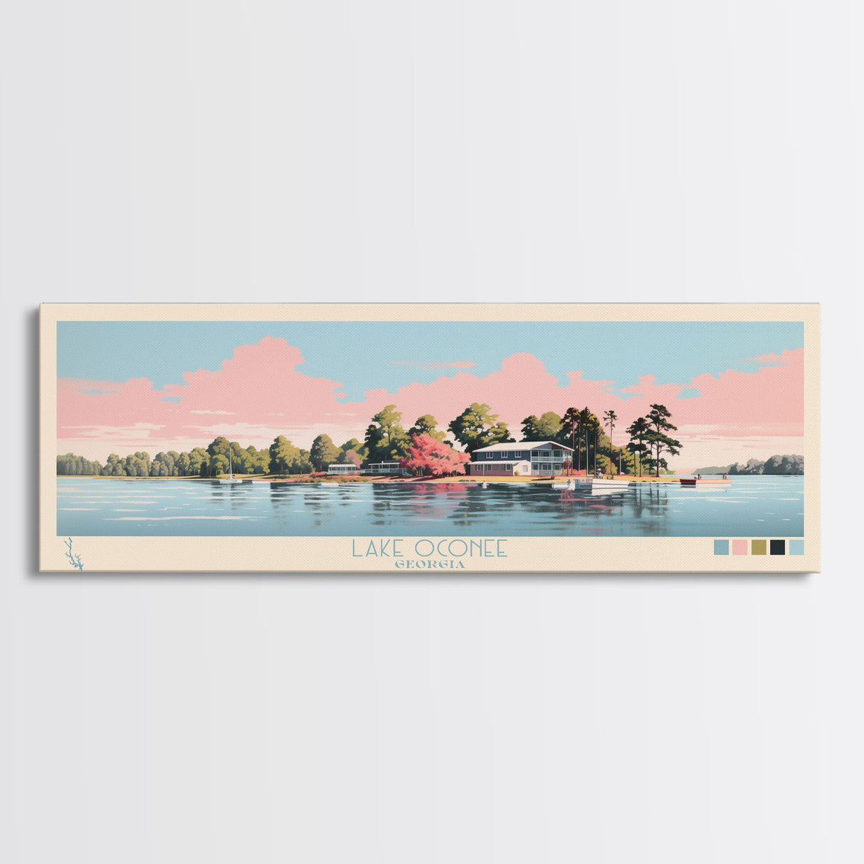 Lake Oconee Georgia Framed Canvas Print, Panoramic Wall Art, Midcentury Modern, Pop Art, Living Room Decor, Travel Poster, Lake House Art