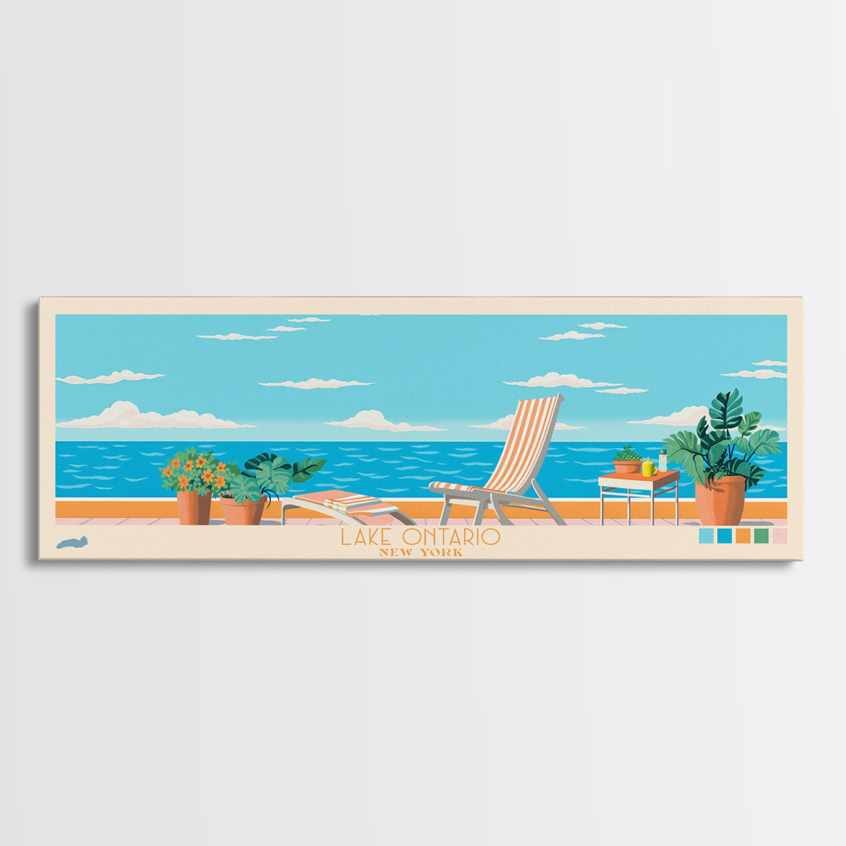 Lake Ontario New York Framed Canvas Print, Panoramic Wall Art, Midcentury Modern, Pop Art, Bedroom Art, Travel Poster, Lake House Decor