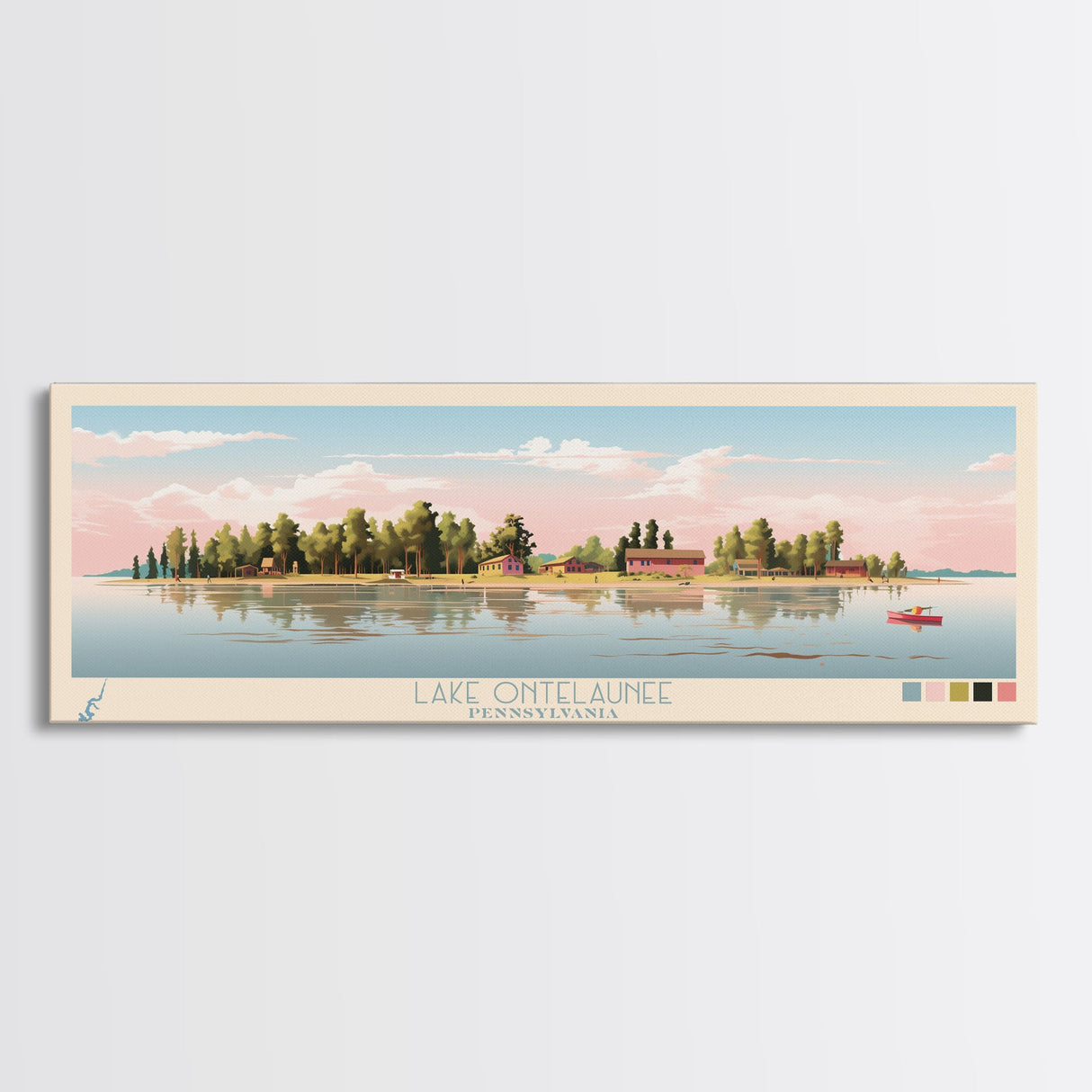 Lake Ontelaunee Pennsylvania Framed Canvas Print, Panoramic Wall Art, Midcentury Modern, Pop Art, Living Room Decor, Travel Poster, Lake House Art