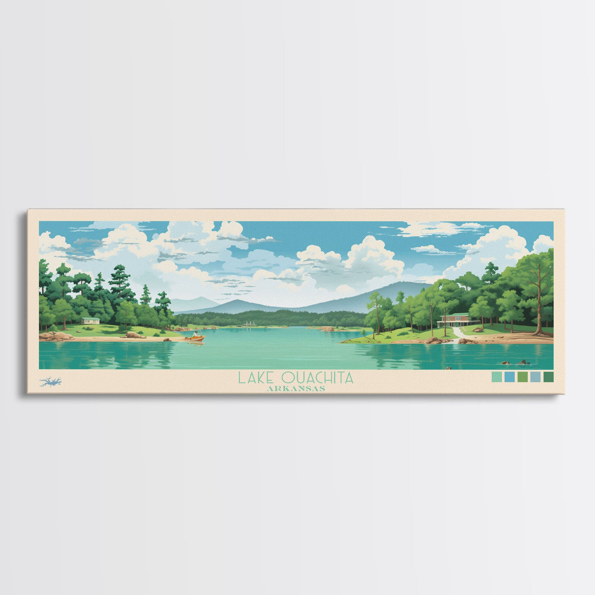 Lake Ouachita Arkansas Framed Canvas Print, Panoramic Wall Art, Midcentury Modern, Pop Art, Living Room Decor, Travel Poster, Lake House Art