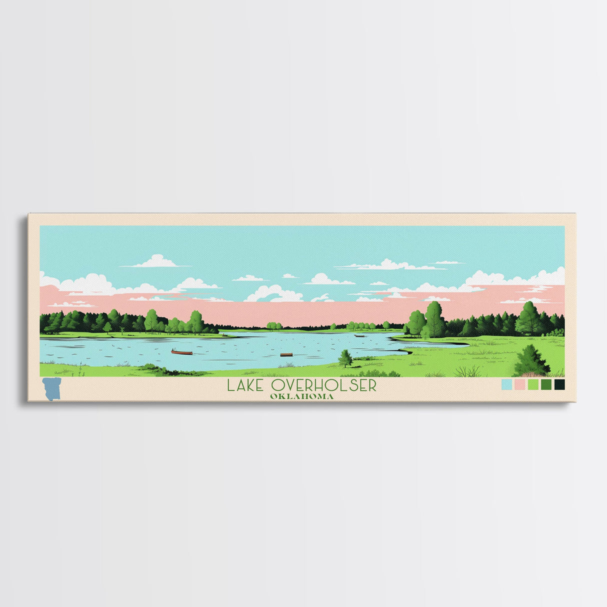 Lake Overholser Oklahoma Framed Canvas Print, Panoramic Wall Art, Midcentury Modern, Pop Art, Bedroom Art, Travel Poster, Lake House Decor