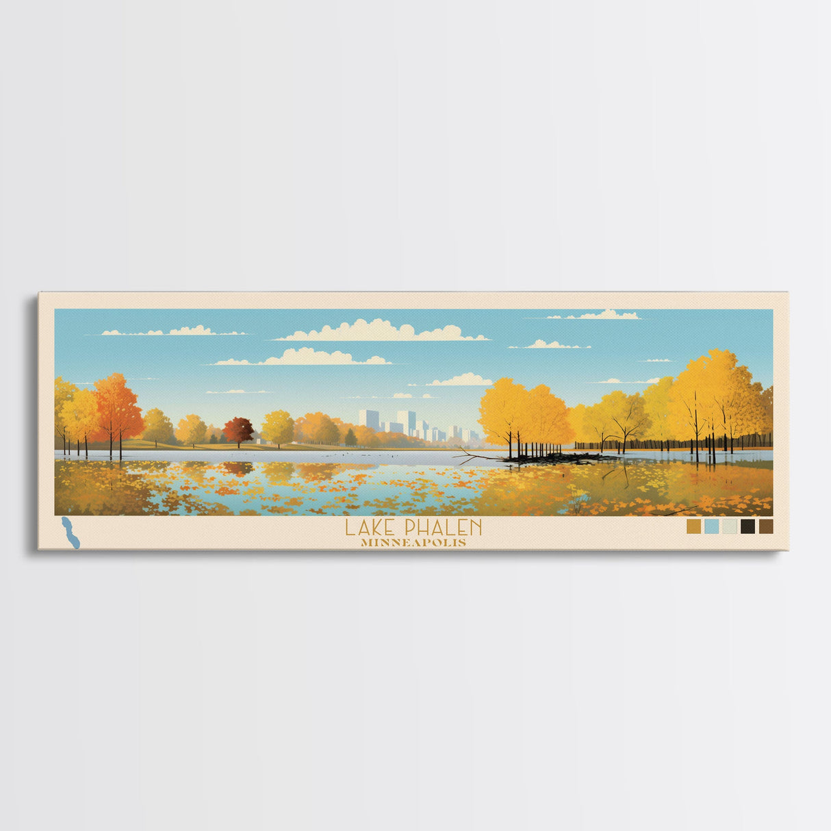 Lake Phalen Minneapolis Framed Canvas Print, Panoramic Wall Art, Midcentury Modern, Pop Art, Living Room Decor, Travel Poster, Lake House Art