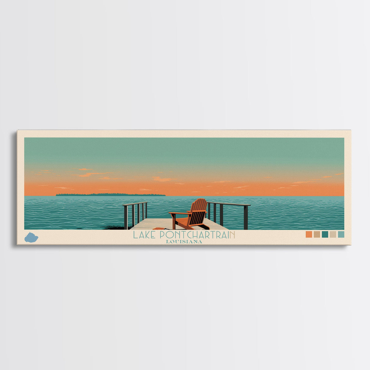 Lake Pontchartrain Louisiana Framed Canvas Print, Panoramic Wall Art, Midcentury Modern, Pop Art, Living Room Decor, Travel Poster, Lake House Art