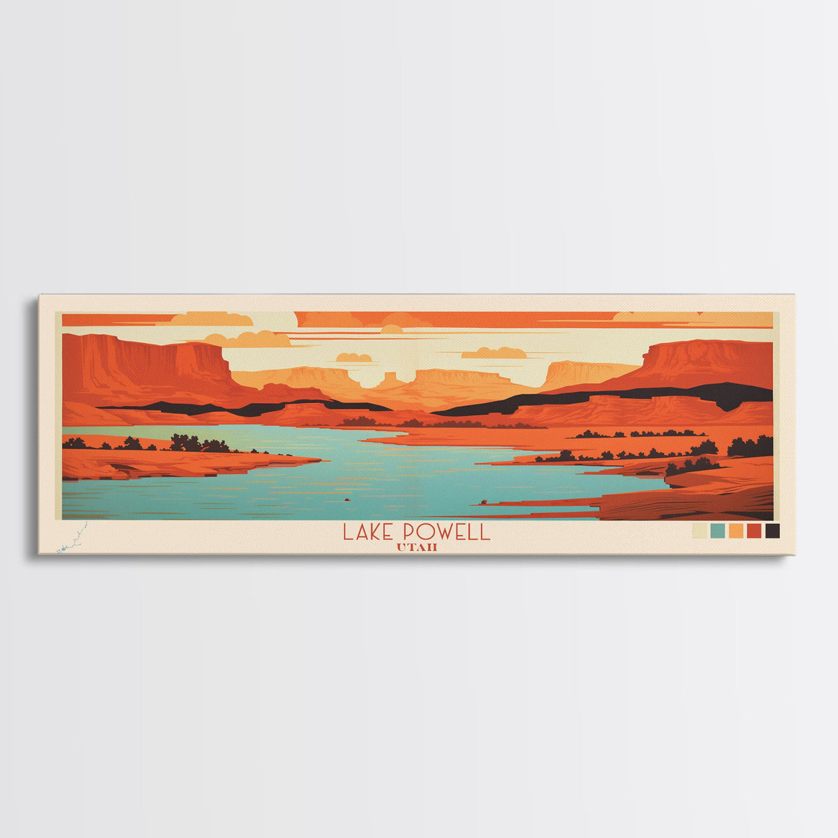 Lake Powell Utah Framed Canvas Print, Panoramic Wall Art, Midcentury Modern, Pop Art, Living Room Decor, Travel Poster, Lake House Art