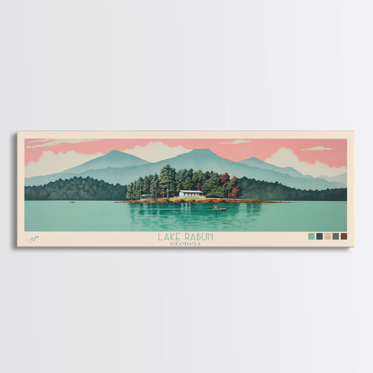 Lake Rabun Georgia Framed Canvas Print, Panoramic Wall Art, Midcentury Modern, Pop Art, Living Room Decor, Travel Poster, Lake House Art