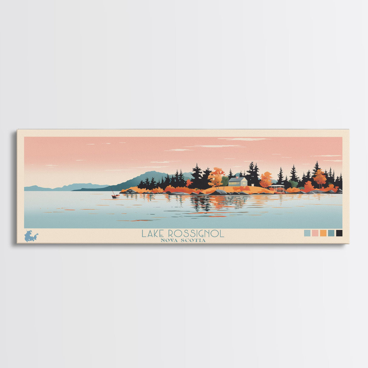 Lake Rossignol Nova Scotia Framed Canvas Print, Panoramic Wall Art, Midcentury Modern, Pop Art, Living Room Decor, Travel Poster, Lake House Art