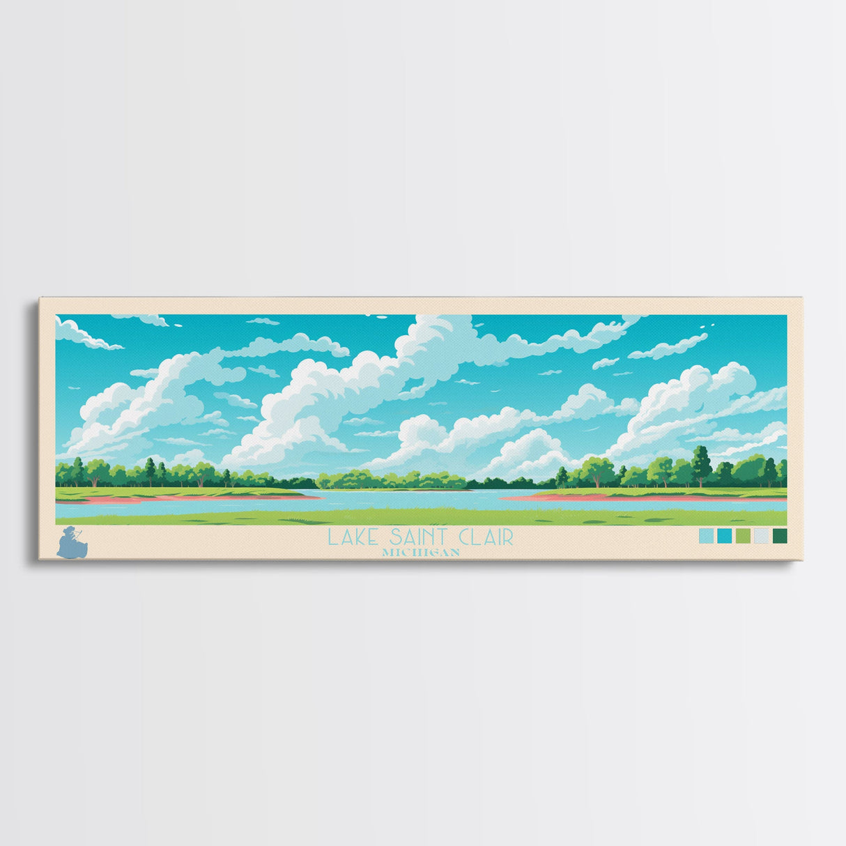 Lake Saint Clair Michigan Framed Canvas Print, Panoramic Wall Art, Midcentury Modern, Pop Art, Bedroom Art, Travel Poster, Lake House Decor