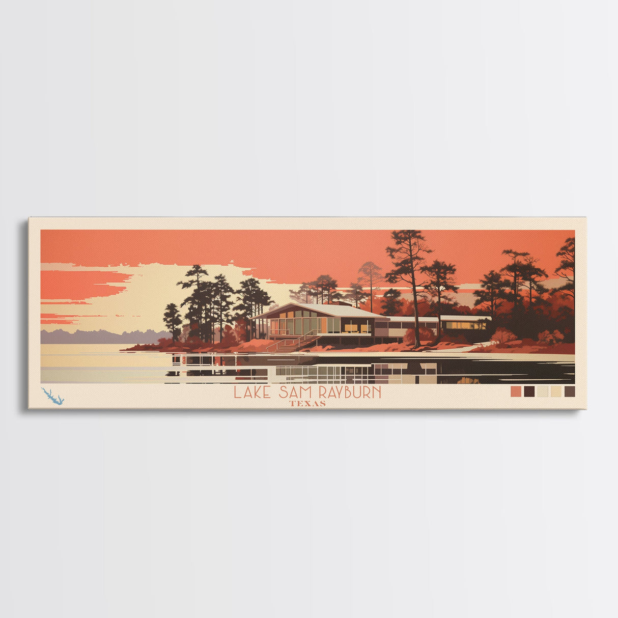 Lake Sam Rayburn Texas Framed Canvas Print, Panoramic Wall Art, Midcentury Modern, Pop Art, Living Room Decor, Travel Poster, Lake House Art