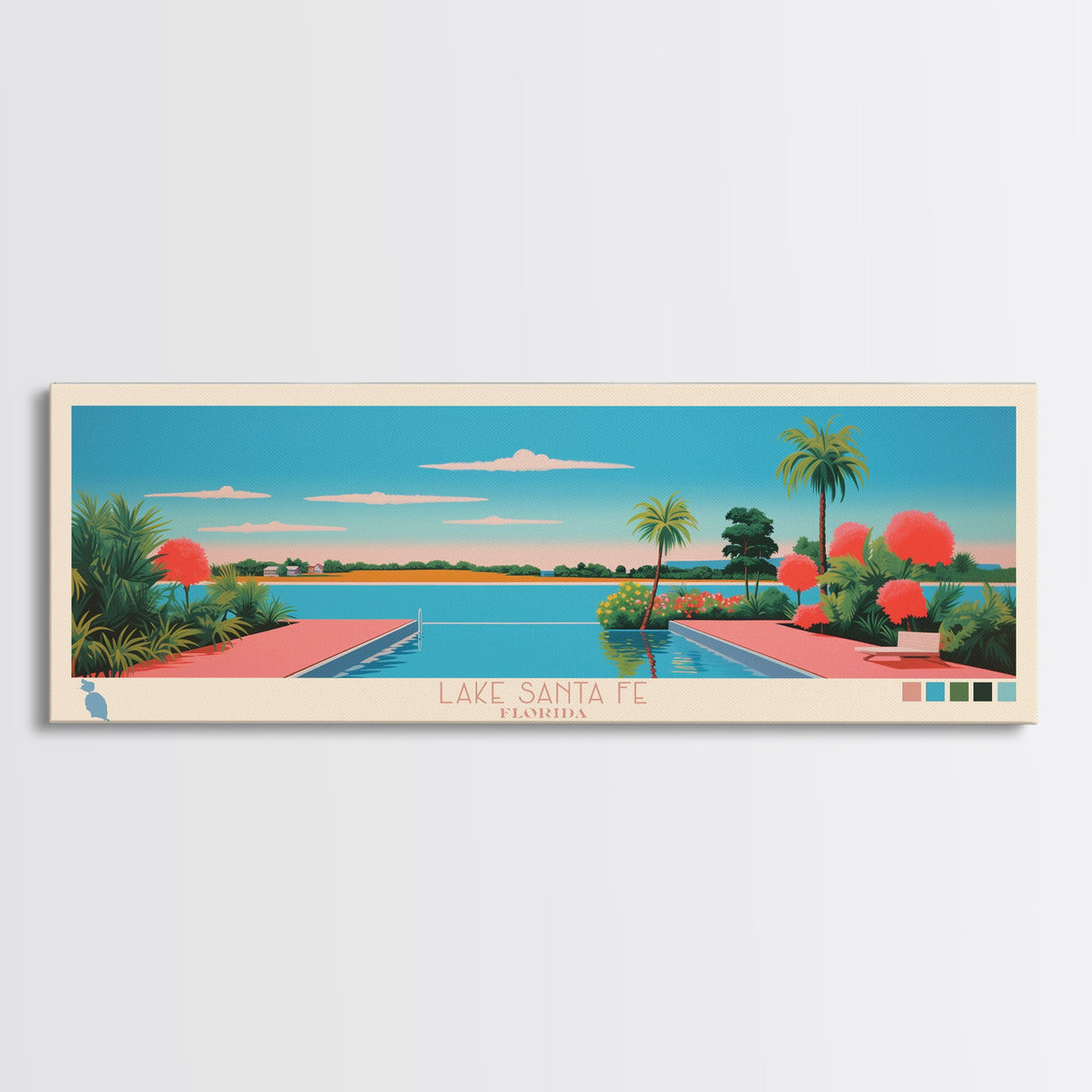 Lake Santa Fe Florida Framed Canvas Print, Panoramic Wall Art, Midcentury Modern, Pop Art, Bedroom Art, Travel Poster, Lake House Decor