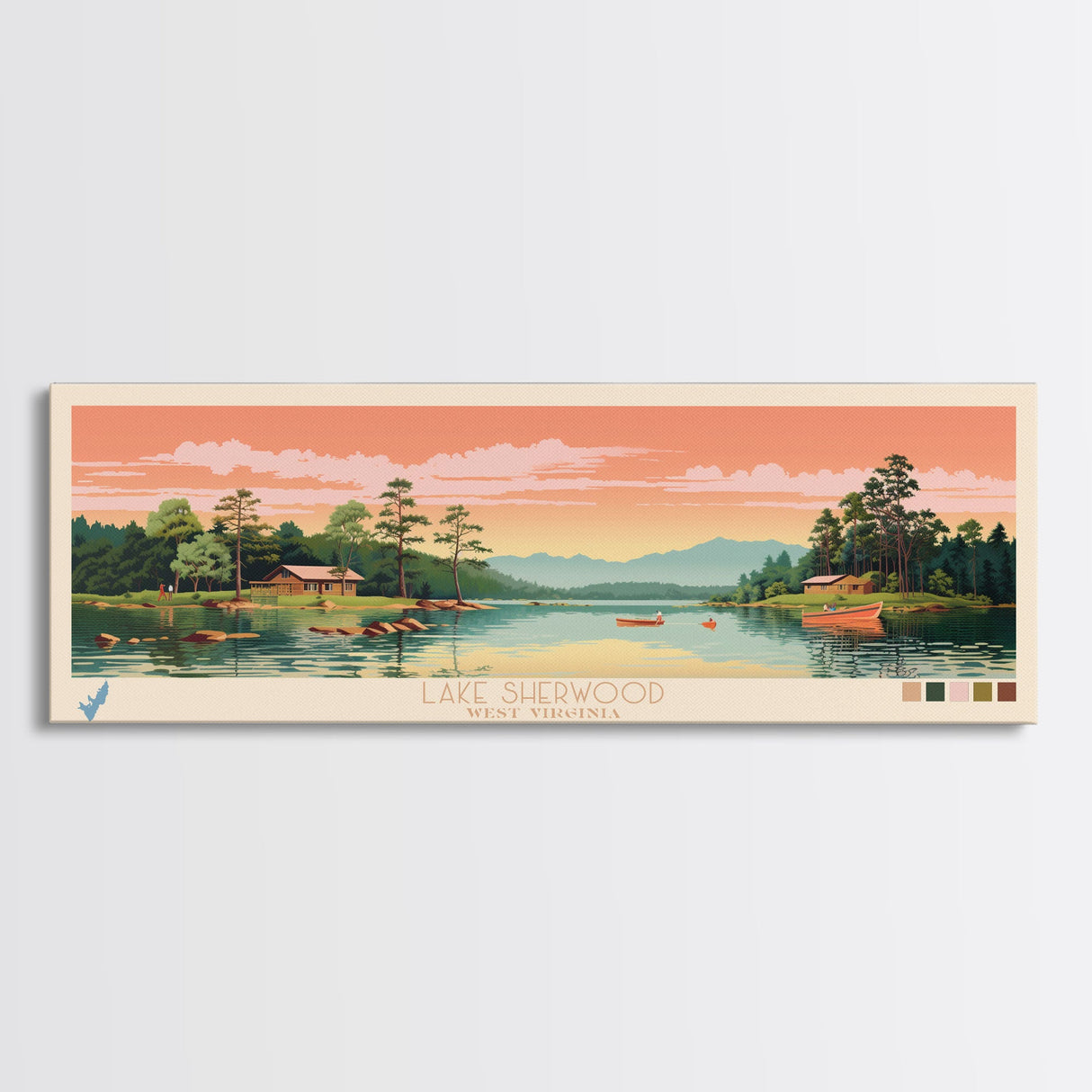 Lake Sherwood West Virginia Framed Canvas Print, Panoramic Wall Art, Midcentury Modern, Pop Art, Living Room Decor, Travel Poster, Lake House Art